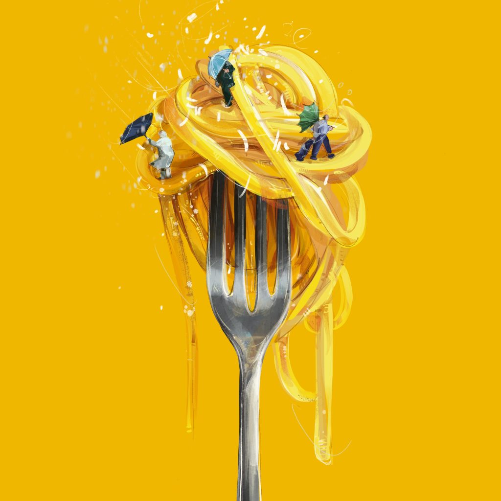 A fork with tangled spaghetti on it, featuring small figurines holding umbrellas, set against a vibrant yellow background.