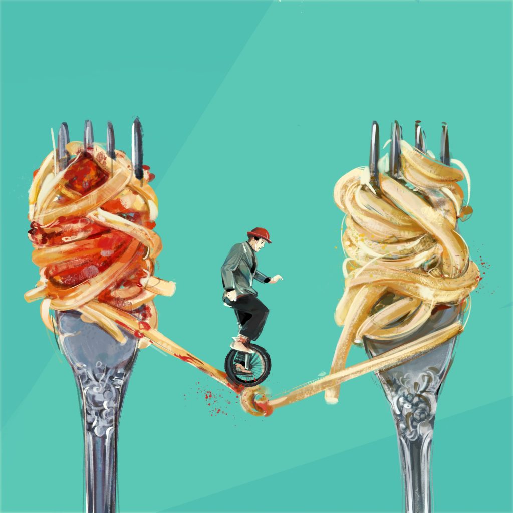 A whimsical illustration of a man riding a unicycle along a spaghetti strand, connecting two forks filled with pasta, set against a bright turquoise background.