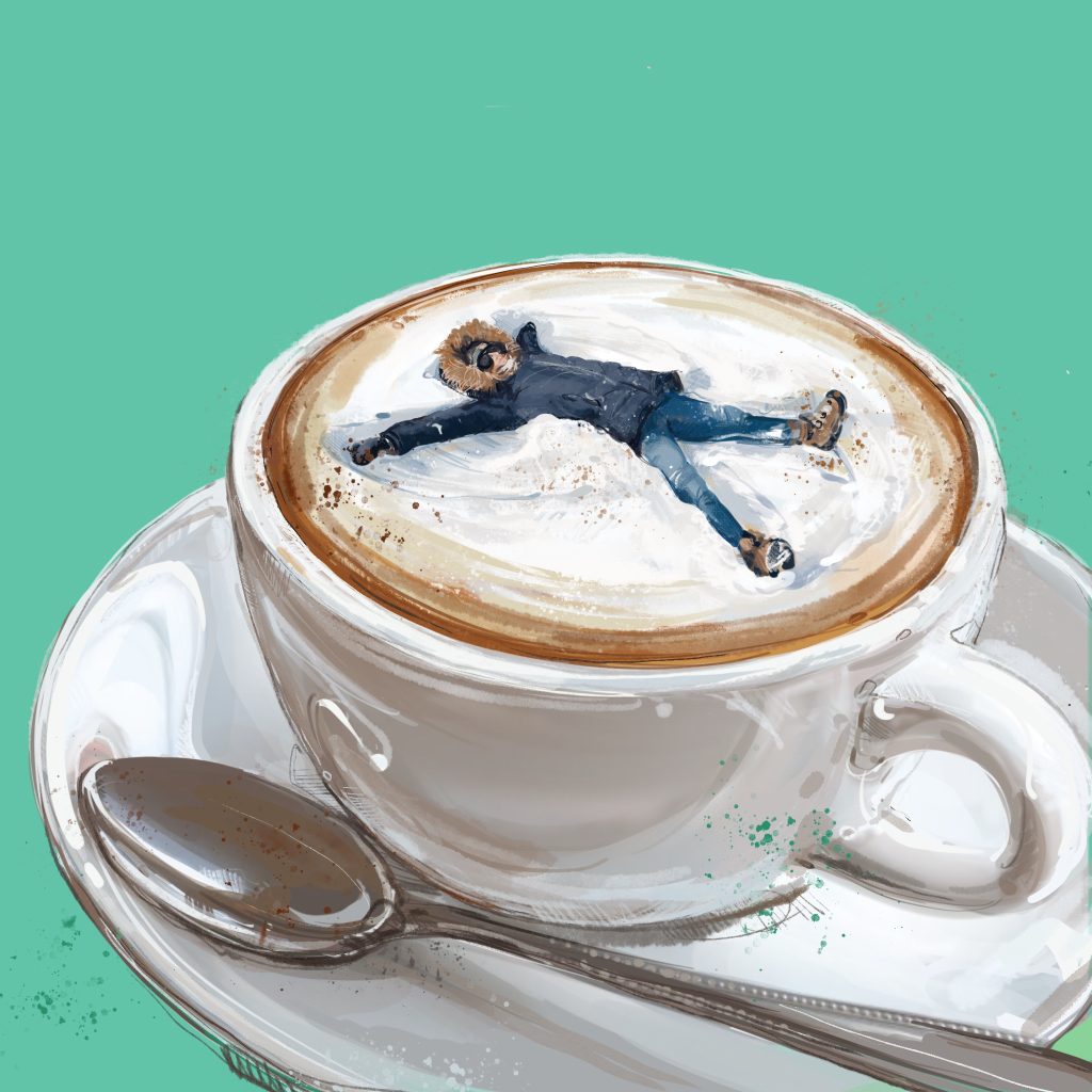 A whimsical illustration of a person lying on top of frothy cappuccino in a coffee cup, resembling a snow angel, with a vibrant green background.