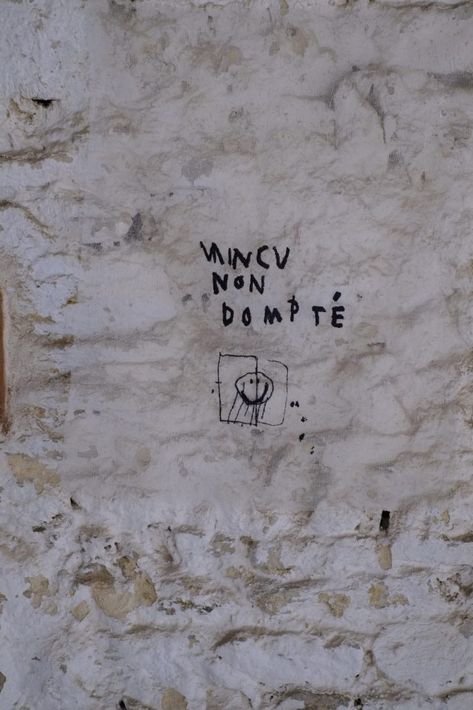 Graffiti on a textured white wall featuring the words 'Mincu non dompté' and a simple drawing of a face inside a square.