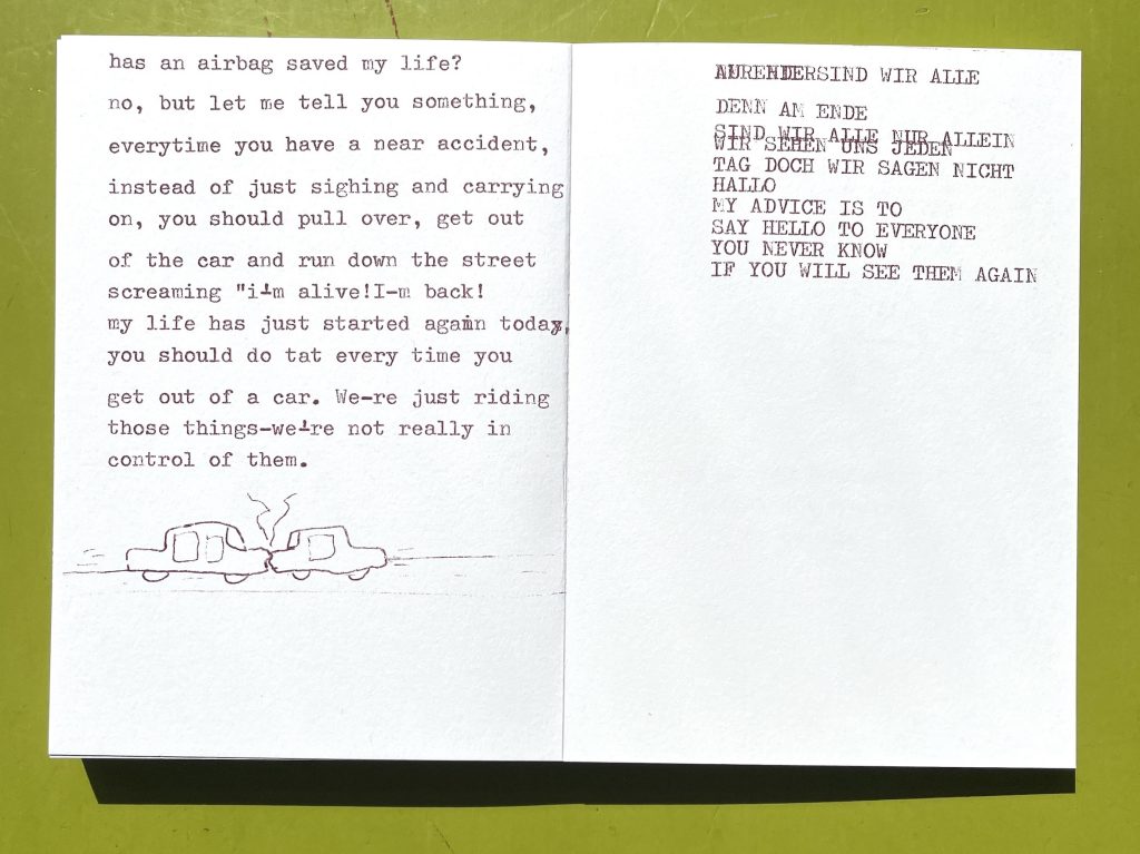A handwritten note discussing the significance of life after a near-accident, emphasizing the importance of appreciation and connectivity, accompanied by a simple line drawing of two cars colliding.
