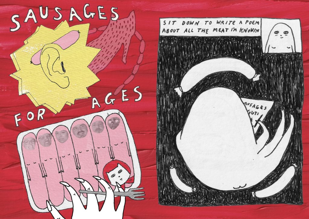 A whimsical illustration featuring various sausages and faces on a tray, with cartoonish text reading 'Sausages for Ages'. In the background, a ghostly figure is seated, holding a sign that says 'Sausages Guts', next to a speech bubble stating, 'Sit down to write a poem about all the meat I’m knowin'.