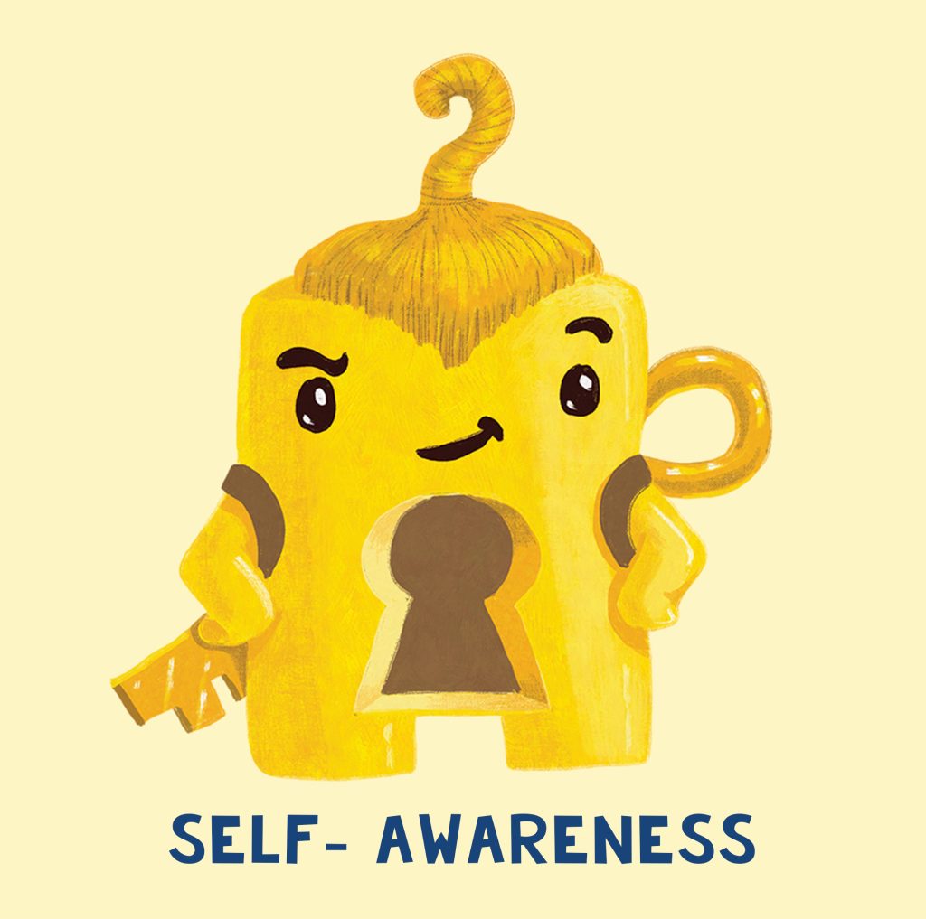 A cartoonish yellow character with a keyhole shape in its body, representing self-awareness, styled with a playful expression.