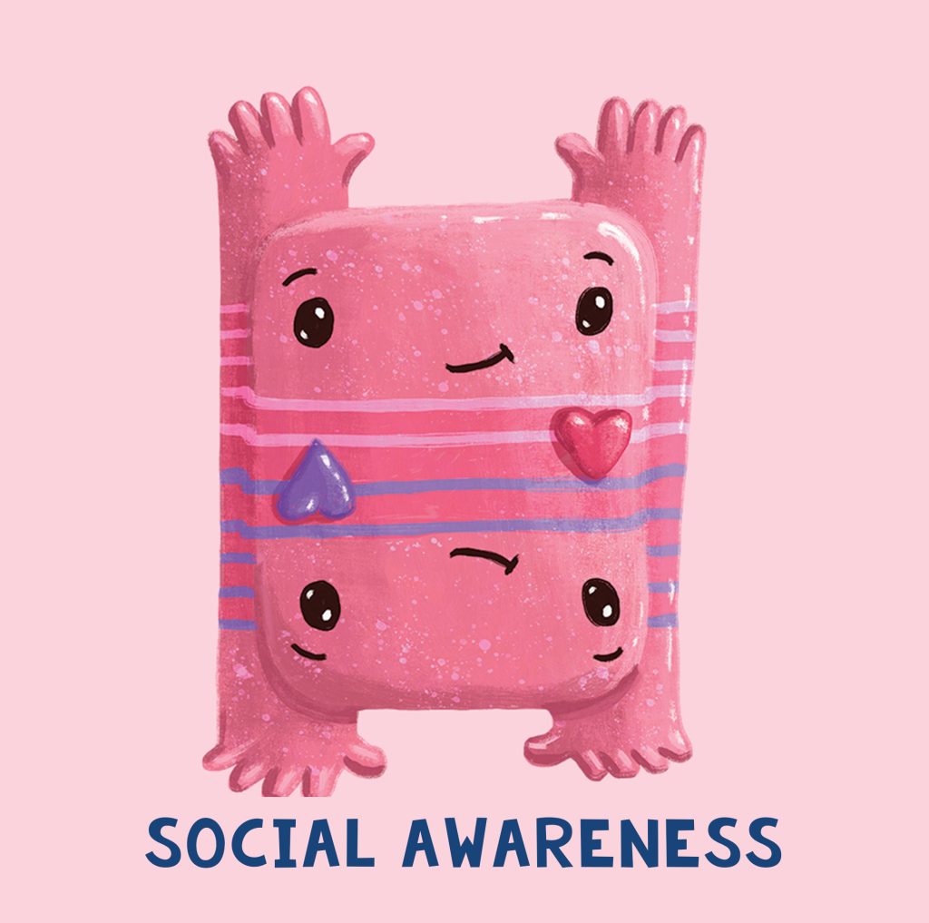 A cute pink cartoon character with arms raised, featuring striped patterns and heart shapes, alongside the text 'SOCIAL AWARENESS' below.