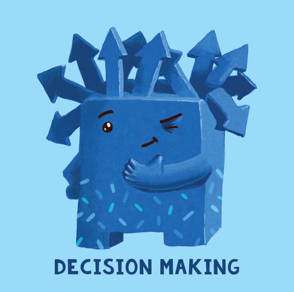 A cartoonish blue character with multiple arrows pointing in different directions on its head, showcasing the concept of decision-making, with the text 'DECISION MAKING' below.