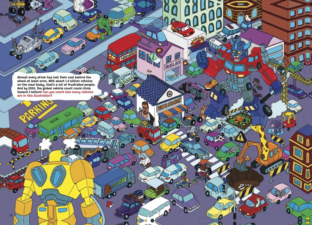 A busy urban scene filled with various colorful vehicles, cartoon characters, and a large robot in the center, depicting a humorous take on traffic congestion.
