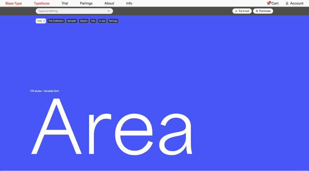 An image showcasing a large Typography text 'Area' on a blue background, featuring options for typeface styles and navigation links at the top.