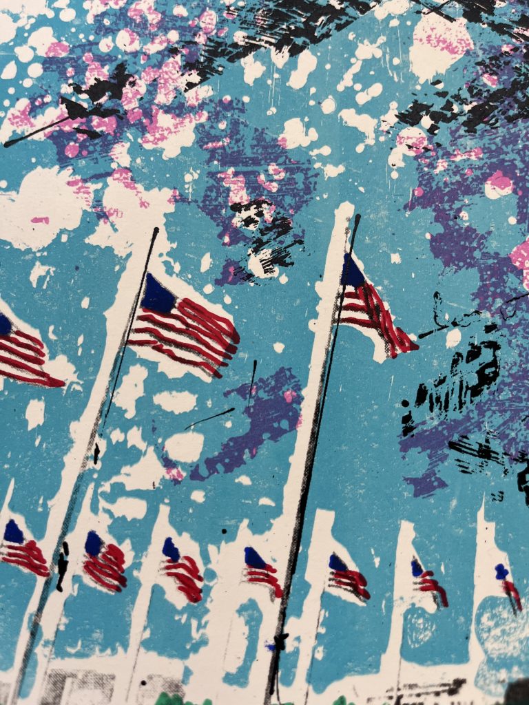 Artistic depiction of multiple American flags on poles against a vibrant blue background with abstract patterns and splashes of color.