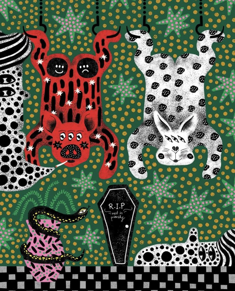 A vibrant illustration featuring quirky animal characters, including a red creature with a sad expression, a white rabbit, and a black-and-white striped figure. The background is filled with green, polka dots, and stars, alongside a pink vase with a snake and a black coffin labeled 'R.I.P.'