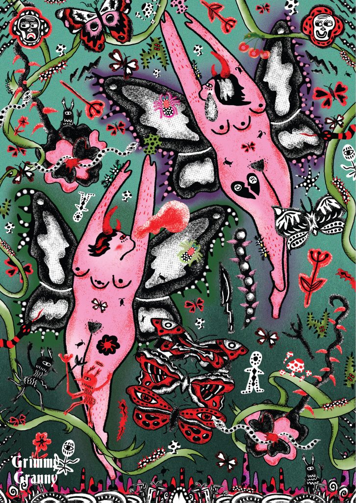An abstract illustration featuring two naked figures with butterfly wings, surrounded by vibrant flowers, butterflies, and various whimsical elements against a green background.