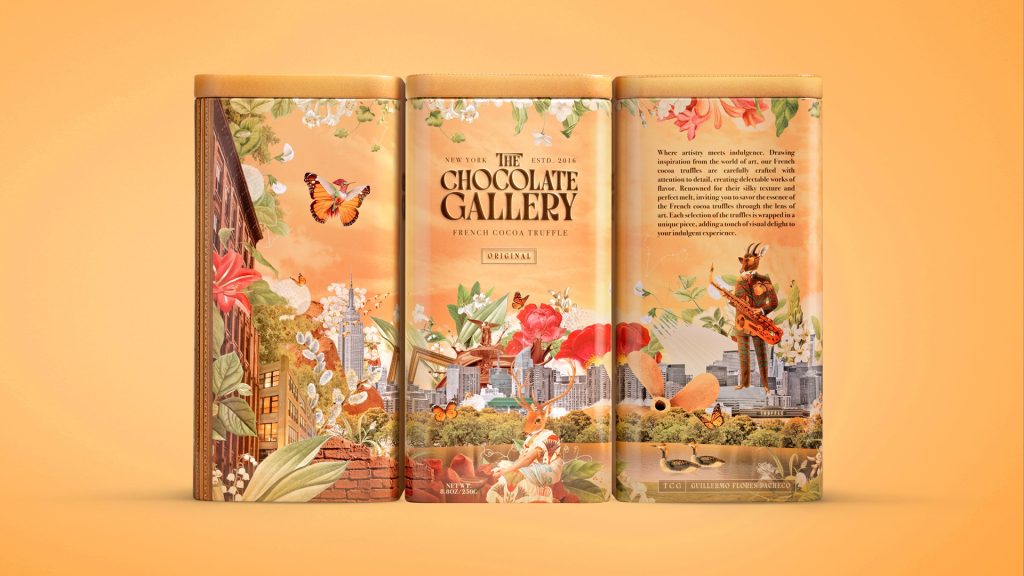Artistic packaging of 'The Chocolate Gallery' French cocoa truffle, featuring vibrant illustrations of flowers, butterflies, and city skyline, set against a warm orange background.