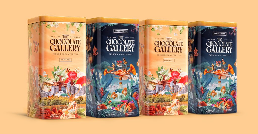 Four beautifully designed boxes of 'The Chocolate Gallery' French cocoa truffles, showcasing vibrant illustrations and distinct colors, set against a peach background.