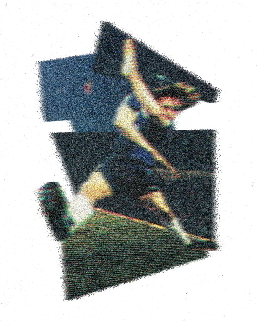 An abstract image depicting an athlete in motion, possibly playing tennis, with dynamic colors and fragmented shapes.