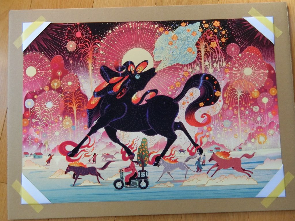 A vibrant illustration featuring a majestic black horse with colorful mane and tail, galloping through a whimsical landscape filled with fireworks and swirling clouds. In the background, figures are seen walking and other horses are running, all set against a colorful sky.