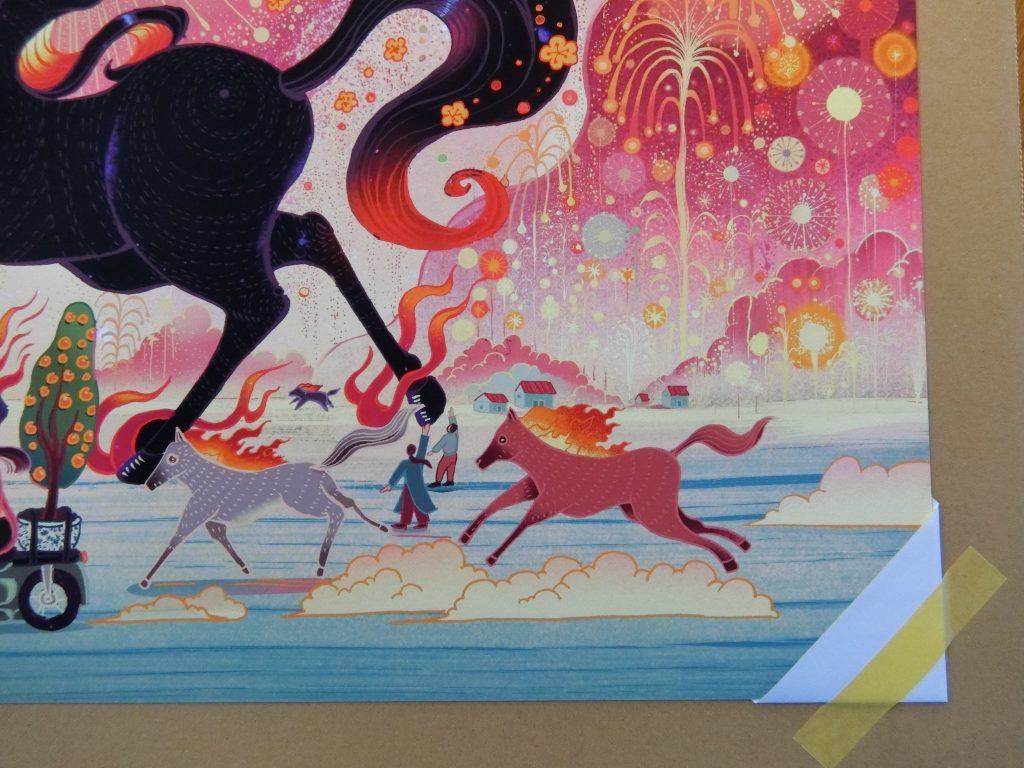 An artistic illustration featuring a black horse and two running colorful horses amidst a vibrant, fiery backdrop with fireworks and stylized trees, set against a snowy landscape.