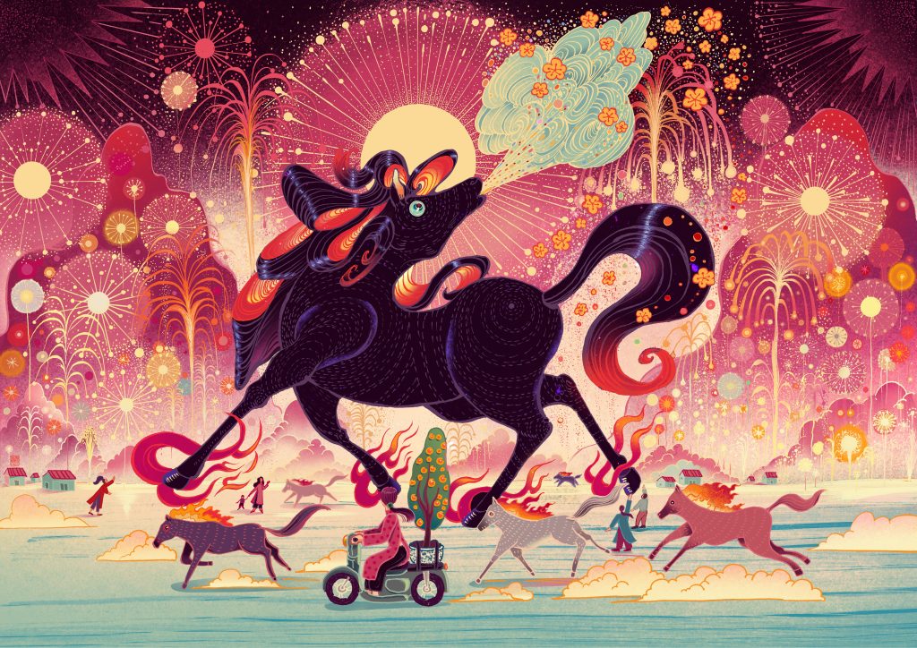A vibrant digital artwork depicting a mystical black horse surrounded by colorful fireworks, flowers, and figures walking on a snowy landscape with other horses.