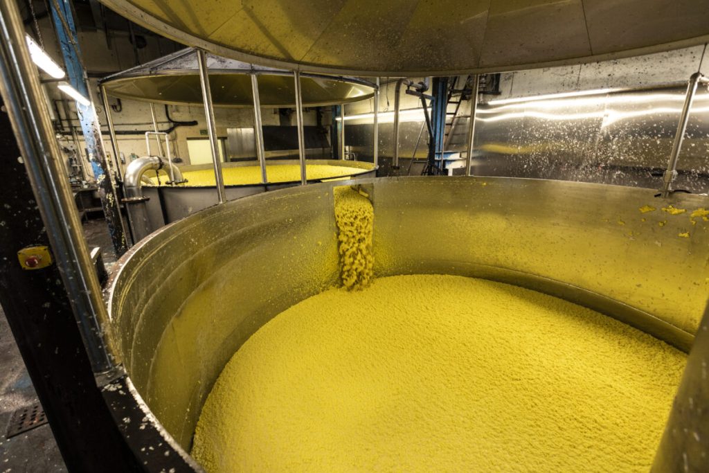 Large industrial tanks filled with bright yellow substances, possibly cheese curds, in a factory setting.