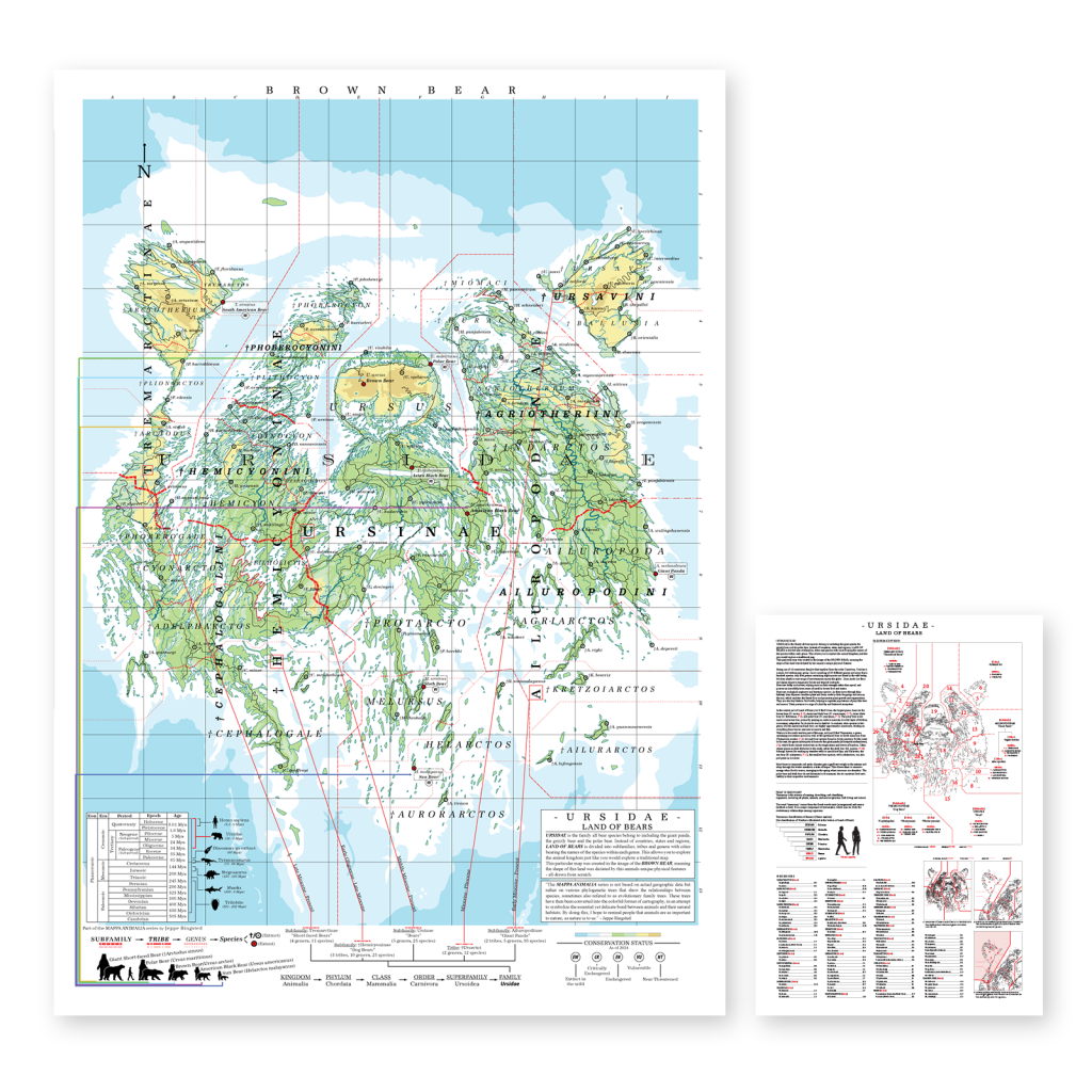 An illustrative map titled 'Land of Bears' depicting various bear species in a topographical setting, with detailed geographic features and labels.