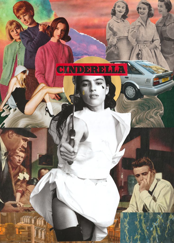 Collage featuring various vintage images, with the word 'Cinderella' prominently displayed in red. The central figure appears to hold a sword and is dressed in a white outfit, surrounded by scenes from classic films and nostalgic imagery.