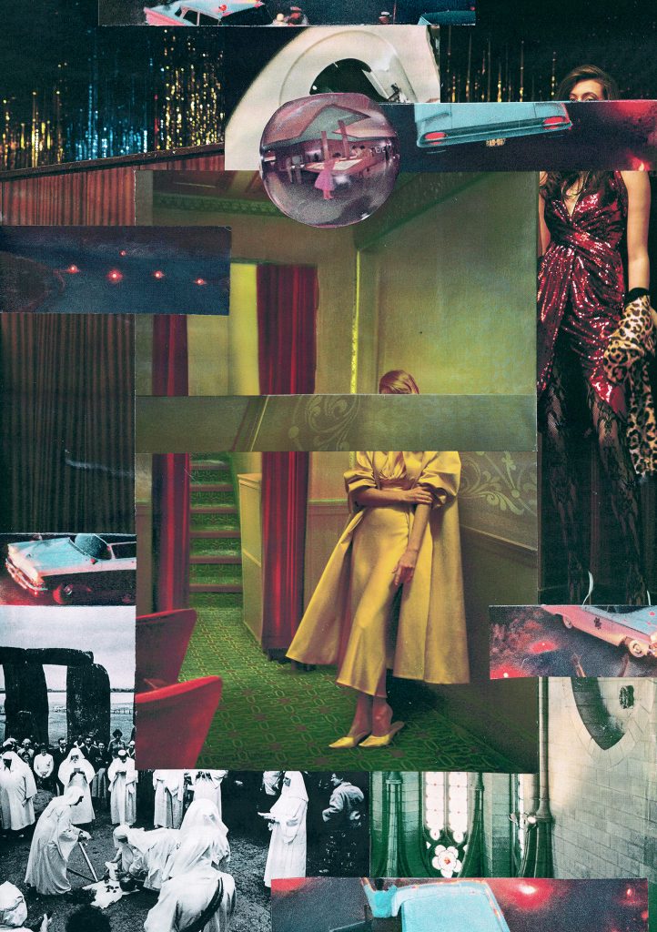 A collage featuring various images, including a woman in a yellow gown standing in a hallway, vintage cars, abstract design elements, and scenes of people in robes, arranged on a textured background.