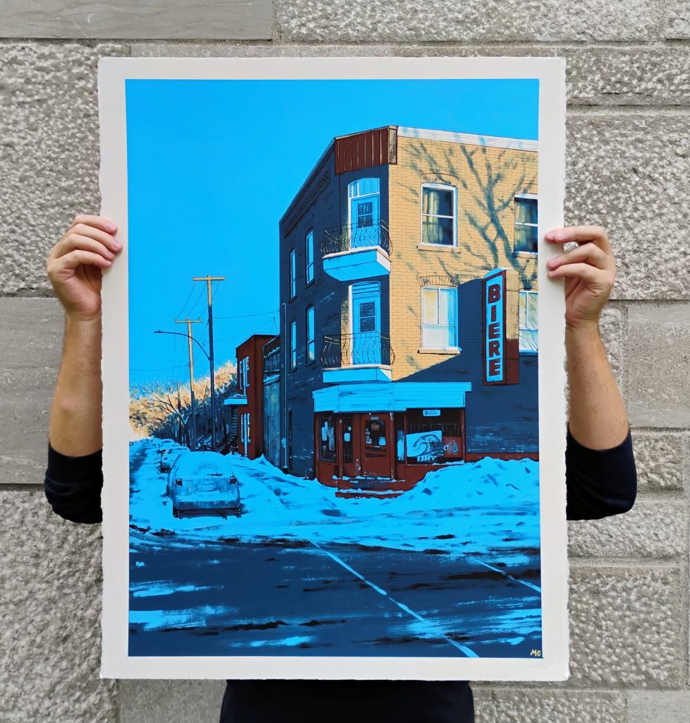 A person holding a colorful artwork depicting a snowy street scene with a building labeled 'BIERE', electric poles, and a parked car under a clear blue sky.