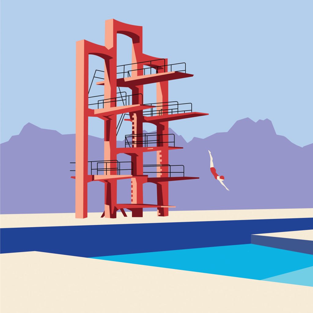 A graphic illustration of a diving platform in red with multiple levels, overlooking a swimming pool, as an individual dives from the top into the water.
