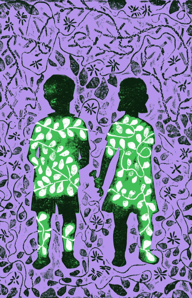 Two silhouetted children holding hands, their figures filled with green leaf patterns, set against a purple and black floral background.