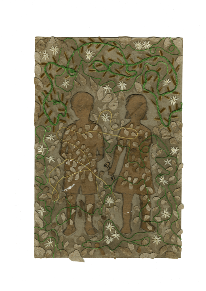 An abstract illustration of two silhouetted figures holding hands, intertwined with green vines and white flowers on a textured background.