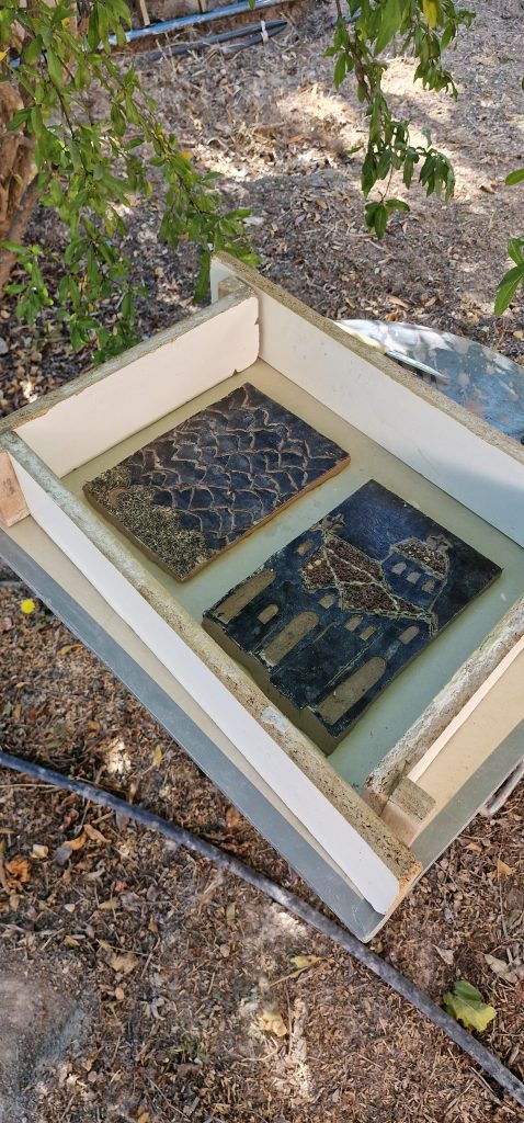 A shallow tray containing two decorative tiles, one with a textured pattern resembling scales and the other depicting a stylized architectural structure, placed on a rustic outdoor surface.