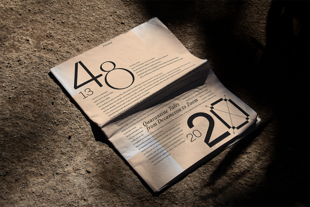 A partially opened magazine or newspaper laid on a textured surface, featuring large numbers '48' and '20' along with the title 'Quarantine Tales from Decameron to Zoom' and several lines of text.