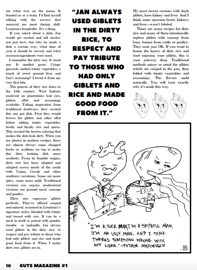 A page from Guts Magazine featuring an article on dirty rice, emphasizing its historical significance, ingredients, and variations. The page includes hand-drawn illustrations and quotes related to the preparation and cultural context of the dish.