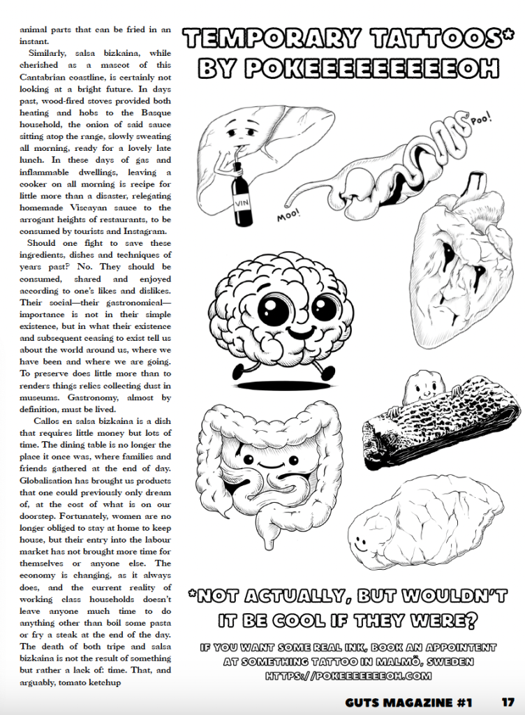 A black and white illustrated page featuring humorous food characters representing various organs and body parts, with playful expressions and captions, discussing the themes of temporary tattoos and gastronomy.