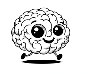 A cartoon-style brain character with large eyes and a smiling expression, running on small legs.