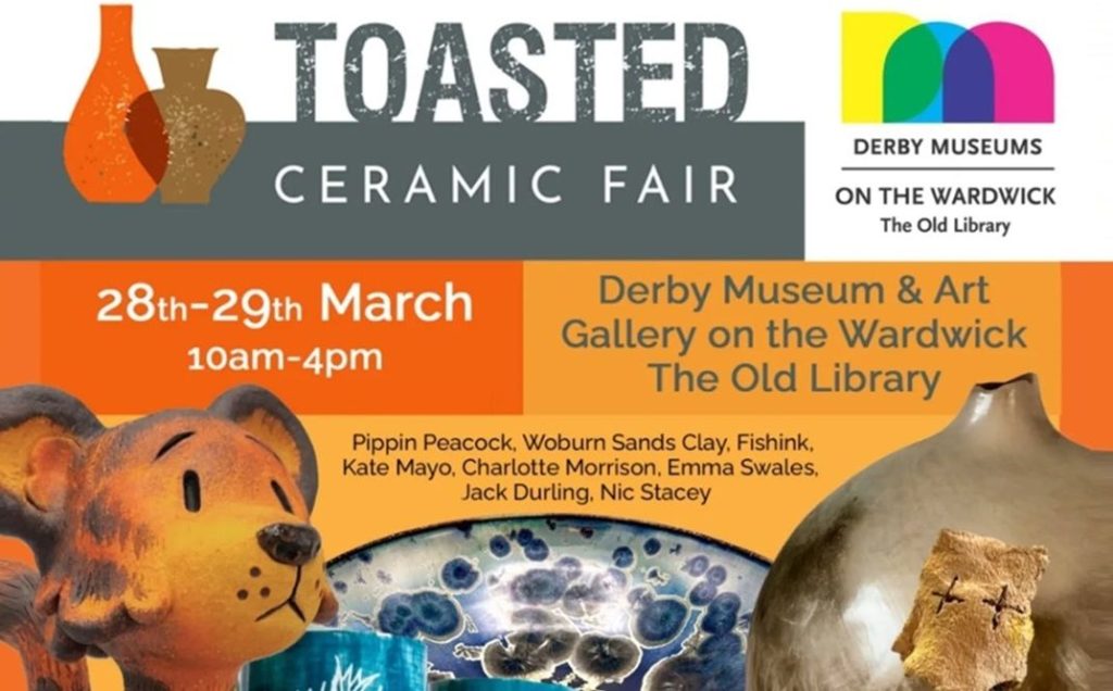A poster for TOASTED Ceramics fair featuring orange boxes with details of the event and images of ceramics.