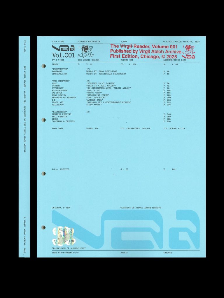 A blue printed document titled 'The Virgil Reader, Volume 001' showcasing various contributors, contents, and publication details including an index and book data.