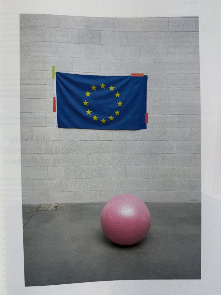 A pink exercise ball positioned on a gray floor in front of a European Union flag hung on a concrete wall.