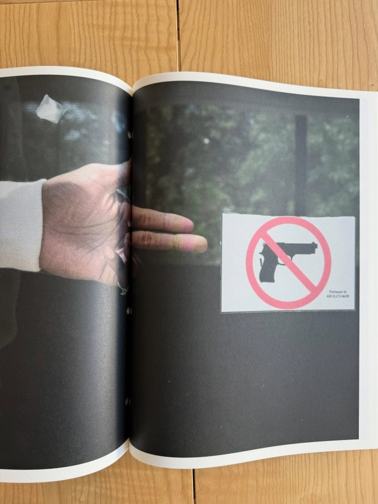 A hand positioned in front of a no gun sign, with a blurred background, on a page of a book.