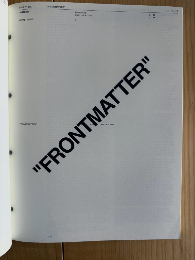 A page titled 'FRONTMATTER' with contents listed above, including sections for 'Foreword' and 'Introduction', alongside page numbers and total page count.