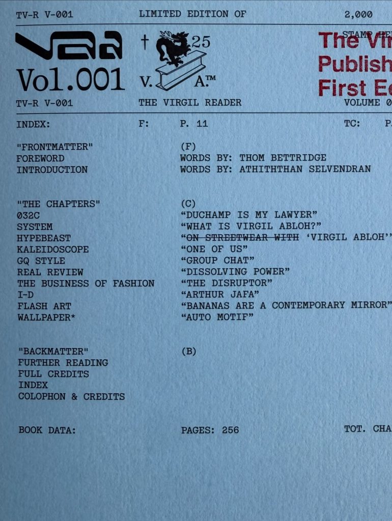 Page from 'The Virgil Reader', limited edition publication, featuring the index and contents list, including titles like 'Duchamp Is My Lawyer' and 'What Is Virgil Abloh?'.