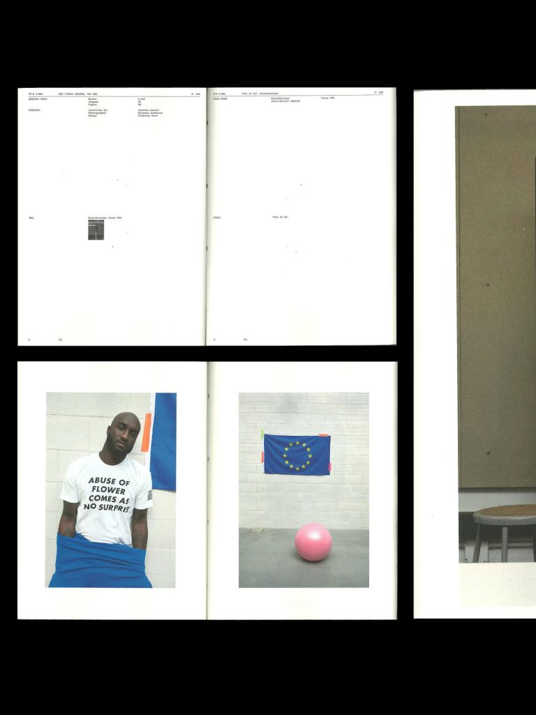 A two-page spread featuring an individual wearing a t-shirt with the text 'ABUSE OF FLOWER COMES AS NO SURPRISE' and a blue background, next to a pink ball and a European Union flag displayed on a wall.