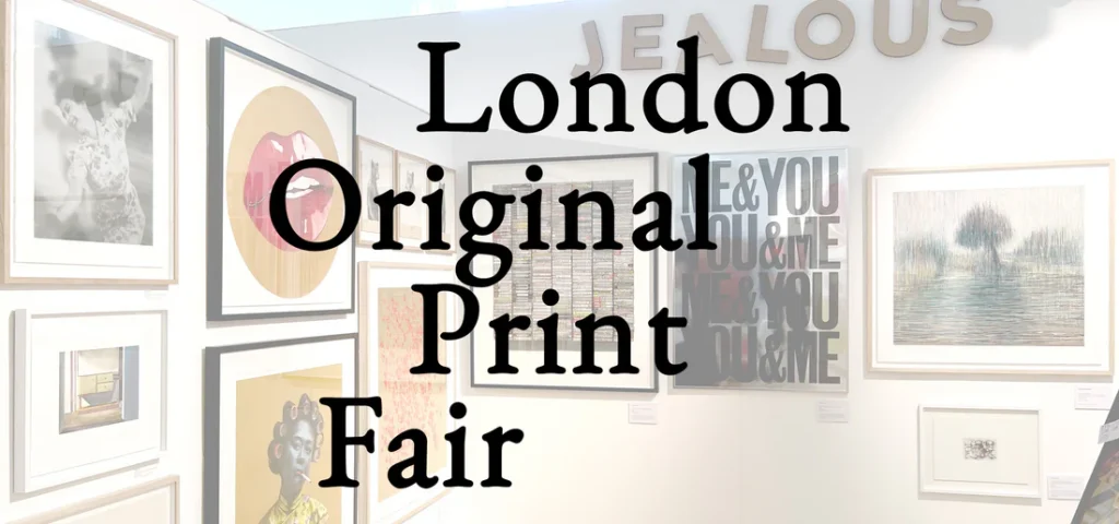 The London Original Print Fair logo sits in front of a wall of prints