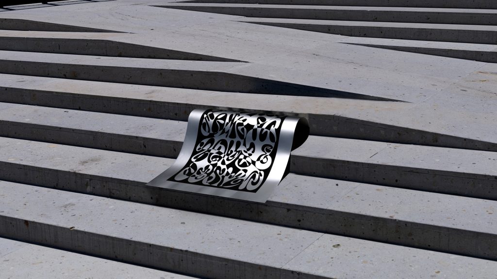 A rolled metallic sheet featuring intricate black lettering resting on stone steps.