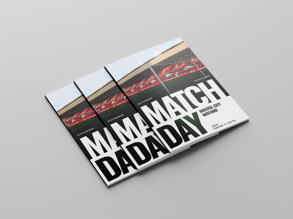 Three matchday programs featuring bold text announcing the match between Bristol City and Watford, with the date and time displayed.