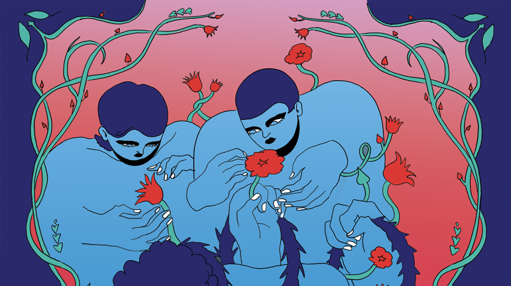 An artistic illustration featuring three figures with blue skin interacting with flowers, surrounded by intertwining vines. The background transitions from pink to deep blue, creating a vibrant and emotional tone.