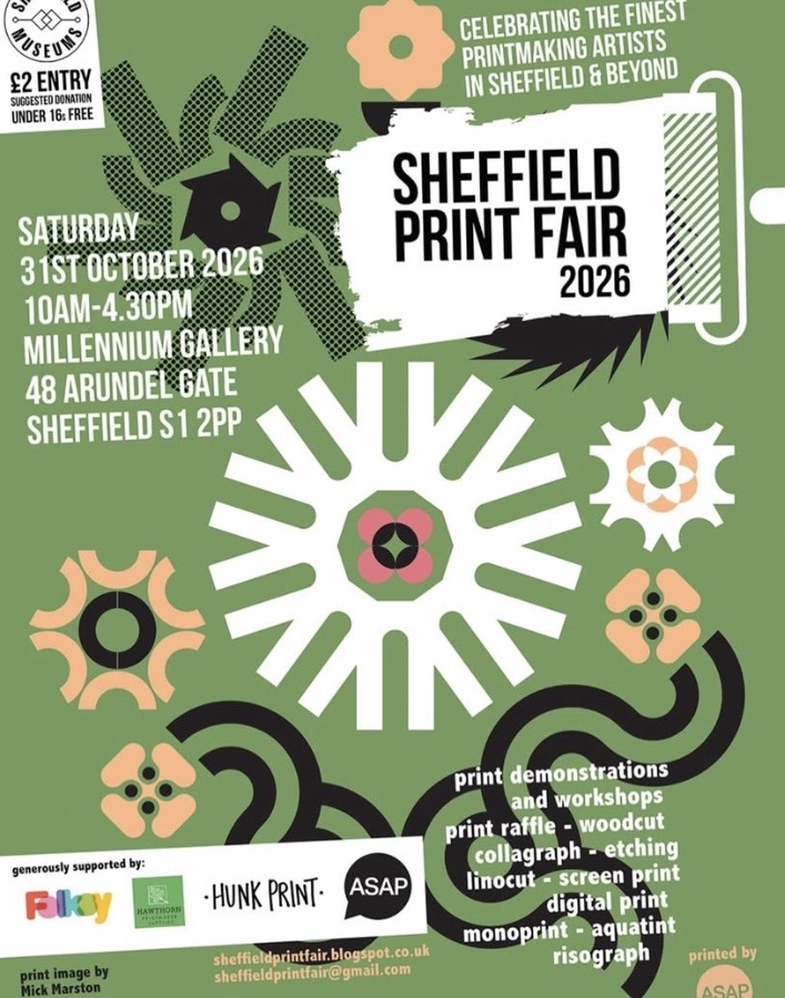 A green poster for the Sheffield Print Fair 2026 with geometric floral illustrations