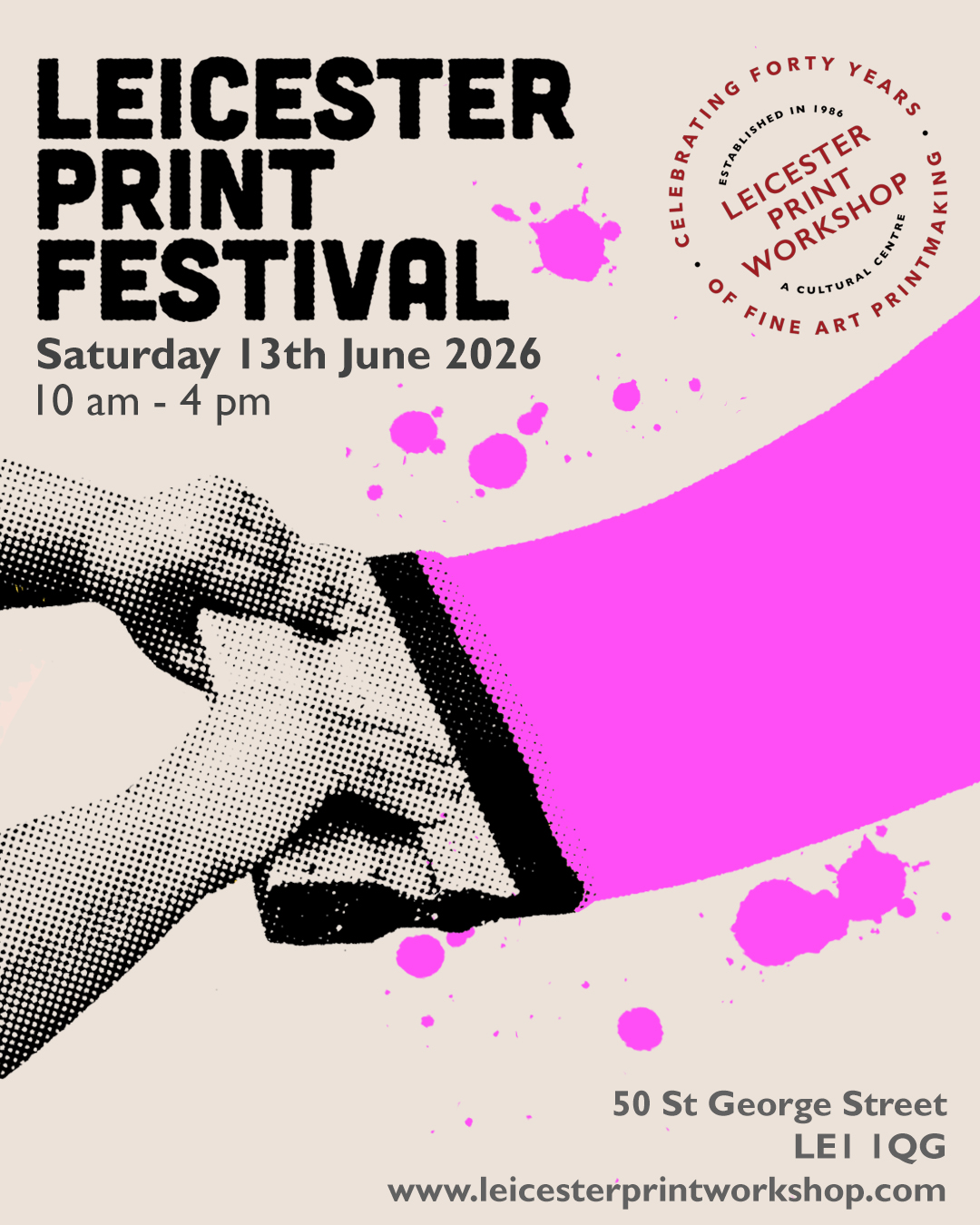 A poster for Leicester Print Festival, showing a newpaper print style image of hands using a screen printing tool to produce a pink colour block trail.