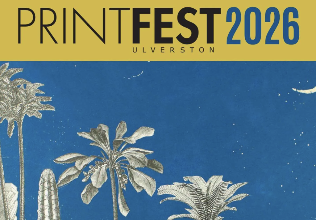 A poster for Printfest 2026 showing the title and illustrated monochrome trees over a blue background